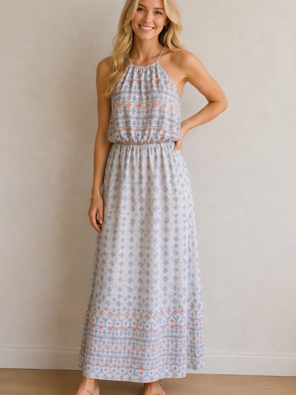 NWT Ladies Small Coco & Jaimeson Maxi Dress SLeeveless Cream Blue High Neckline